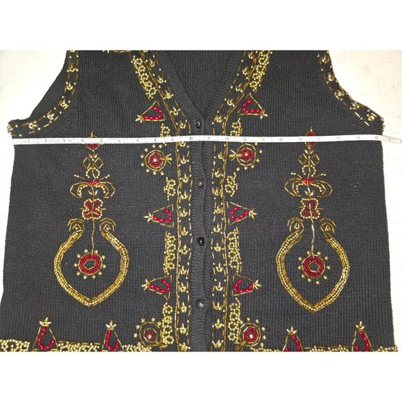 Vintage Claudia D. Black Knit Vest Red & Gold Bead Embellishments 1996 Holiday - Picture 4 of 6